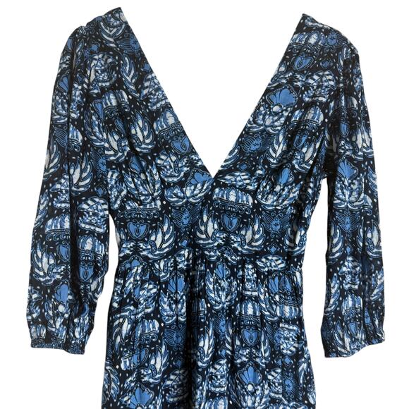 Caroline Constas Blue Printed 3/4 Sleeve V-Neck Long Dress Size Small - Picture 2 of 9